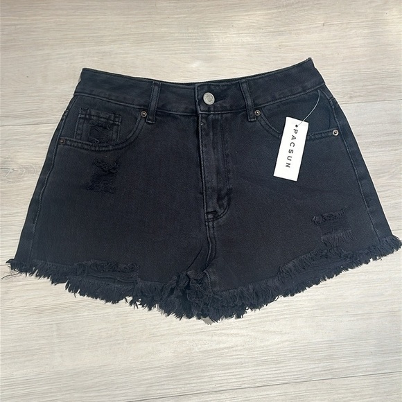 🆕 PACSUN Black Ripped High Waisted Denim Festival Shorts SIZE 25 - Picture 4 of 7